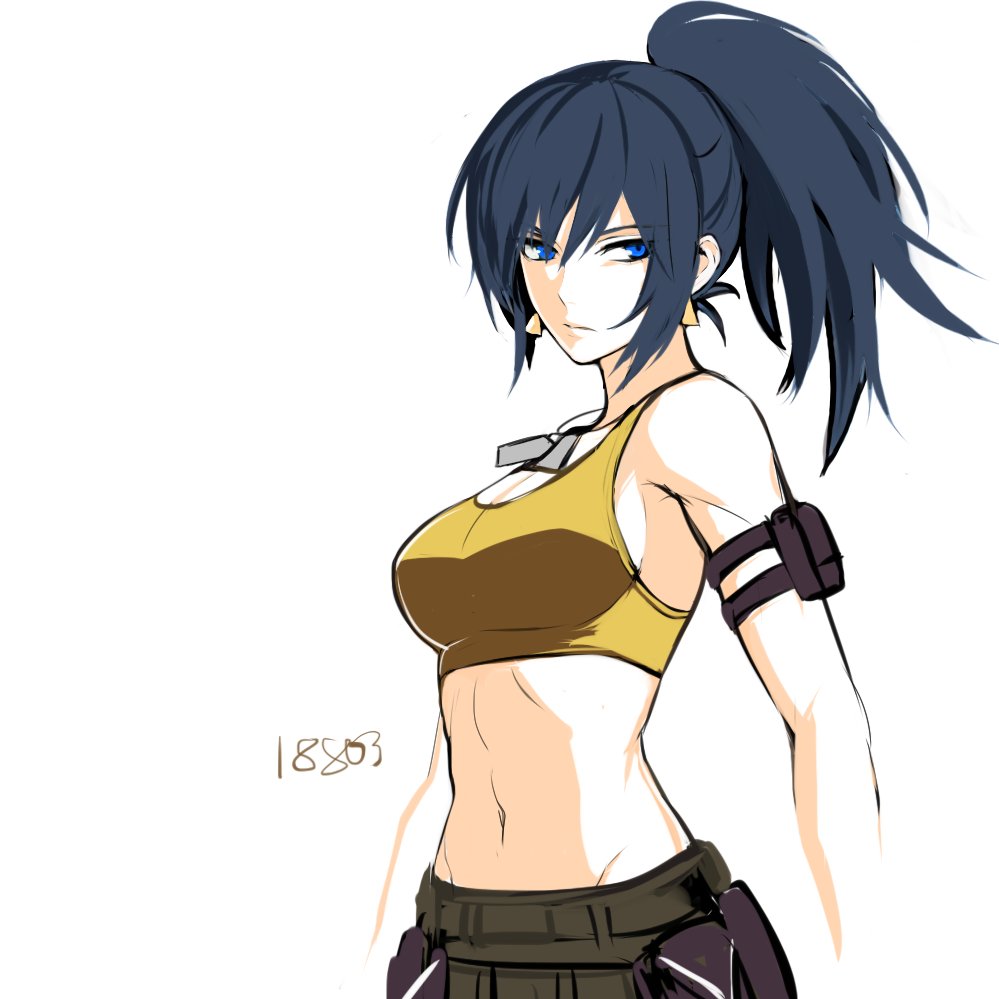 1girl, arm_pouch, bare_shoulders, blue_eyes, blue_hair, dog_tags, high_ponytail, leona_heidern, looking_at_viewer, midriff, navel, ponytail, pouch, simple_background, soldier, solo, tank_top, tb_(spr1110), the_king_of_fighters, the_king_of_fighters_xiv, yellow_tank_top