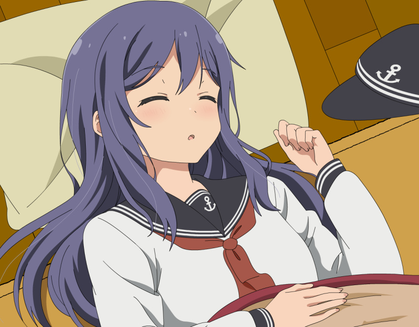 1girl, adachi_to_shimamura, akatsuki_(kantai_collection), anchor_symbol, bangs, black_sailor_collar, blanket, blush, commentary_request, eyebrows_visible_through_hair, flat_cap, hair_between_eyes, hat, hat_removed, headwear_removed, kantai_collection, long_hair, long_sleeves, lying, neckerchief, on_back, open_mouth, parody, pillow, purple_hair, red_neckwear, sailor_collar, school_uniform, serafuku, shadow, sidelocks, sleeping, solo, style_parody, sugapi, under_covers, upper_body