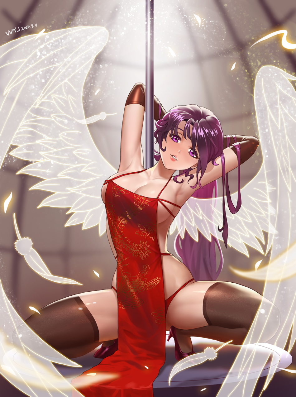 1girl, arms_behind_head, bangs, bare_shoulders, blurry, blurry_background, breasts, brown_gloves