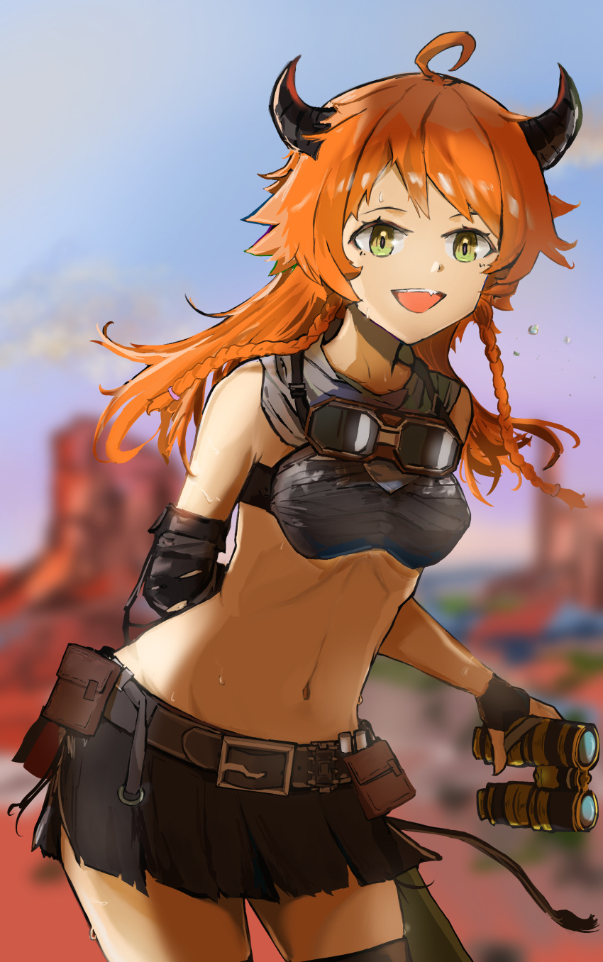 1girl, :d, absurdres, ahoge, arknights, arm_behind_back, bandaged_arm, bandages
