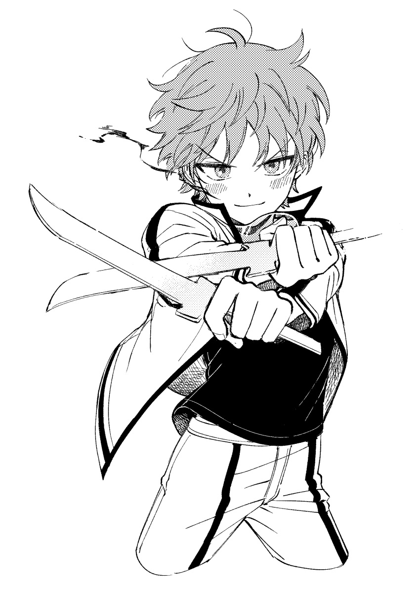 >:), 1boy, absurdres, baburo, bangs, blush, cropped_legs, crossed_wrists