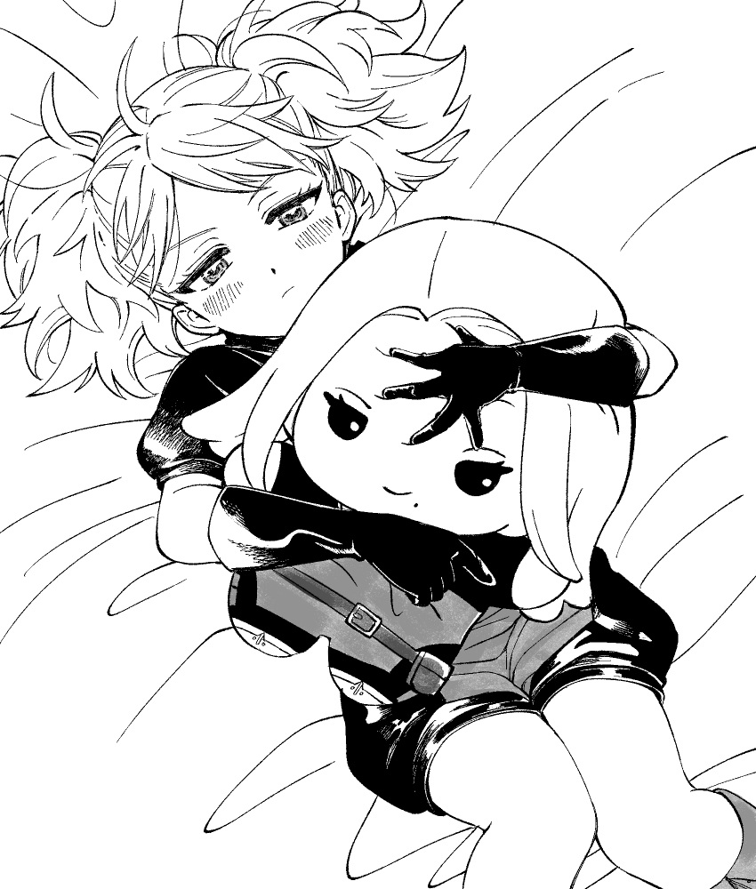1girl, baburo, bangs, bed_sheet, blush, boots, character_doll, closed_mouth, doll, eyelashes, feet_out_of_frame, from_above, frown, gloves, greyscale, highres, holding, holding_doll, kako_nozomi, knee_boots, knees_together_feet_apart, knees_up, kuroe_futaba, looking_at_viewer, monochrome, object_hug, on_bed, puffy_short_sleeves, puffy_sleeves, short_sleeves, simple_background, solo, stuffed_toy, twintails, uniform, world_trigger