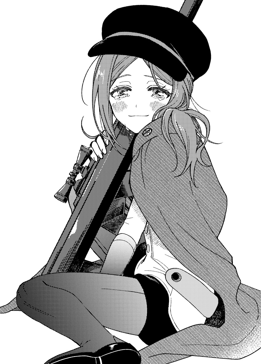 1girl, absurdres, baburo, cape, feet_out_of_frame, from_side, gloves, greyscale