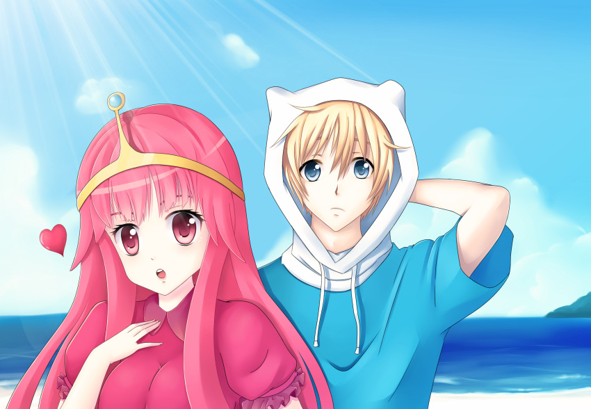 1boy, 1girl, :o, adventure_time, blonde_hair, blue_eyes, blue_shirt, breasts, cartoon_network, closed_mouth, cloud, finn, finn_mertens, gum_golem, hat, heart, human, lchrno, long_hair, mountain, ocean, outdoors, parted_lips, pink_eyes, pink_hair, princess_bonnibel_bubblegum, short_hair, sky, sunshine, tiara, turner_entertainment, upper_teeth