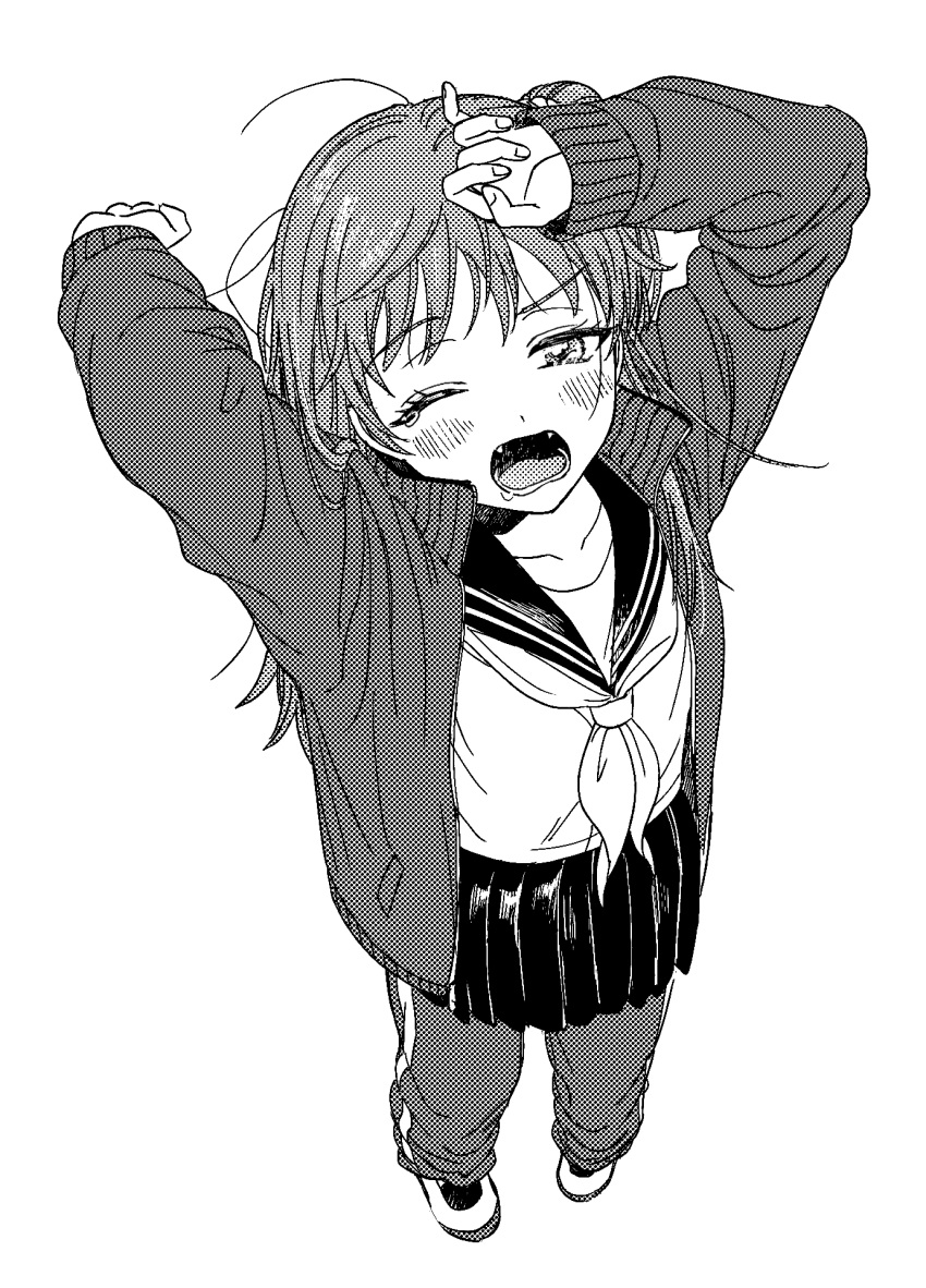 1girl, arms_up, baburo, bangs, flat_chest, from_above, full_body, greyscale