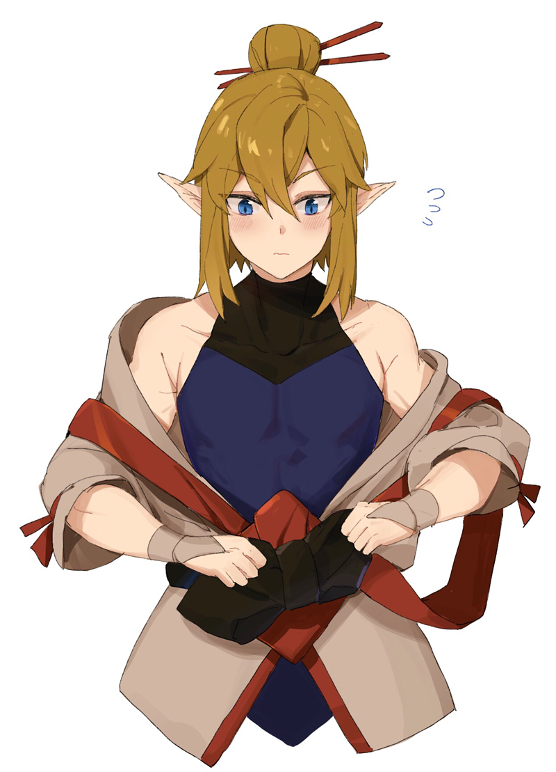alternate_costume, bangs, bare_shoulders, blue_eyes, blush, closed_mouth, commentary_request, cosplay