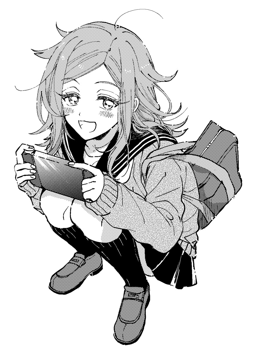 1girl, :d, baburo, bag, bangs, blush, flipped_hair, from_above