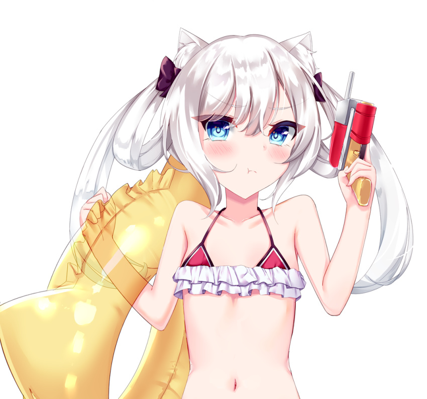 1girl, animal_ears, azur_lane, bare_shoulders, bikini, black_bow, blue_eyes, blush, bow, breasts, cat_ears, cat_girl, embarrassed, frilled_bikini, frills, hair_bow, hair_rings, hammann_(azur_lane), hammann_(rebellious_summer)_(azur_lane), holding, holding_innertube, innertube, innertube_with_ears, looking_at_viewer, navel, pout, silver_hair, small_breasts, solo, swimsuit, tamariyazuna, twintails, upper_body, white_hair