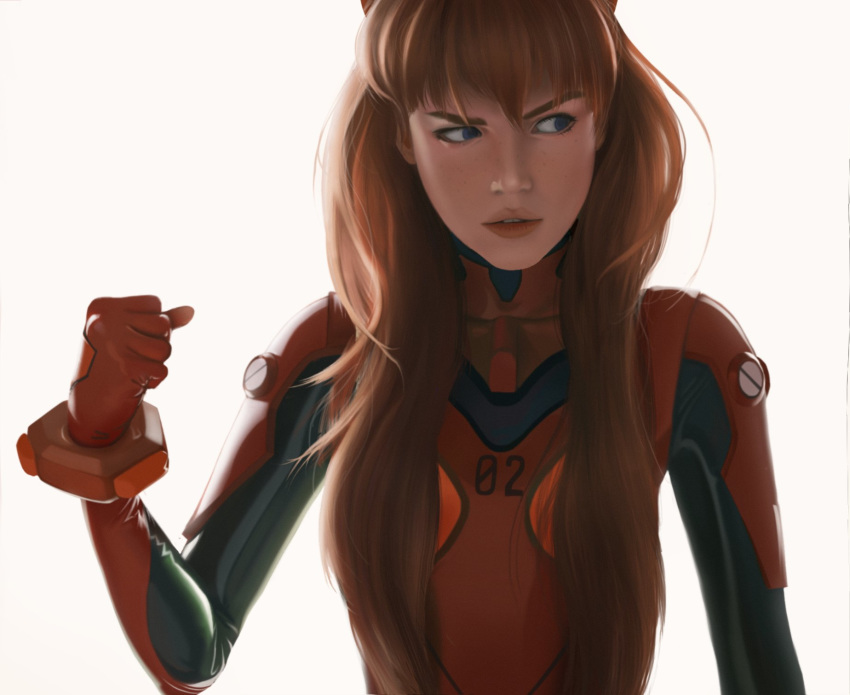 1girl, blue_eyes, bodysuit, clenched_hand, cosplay, english_commentary, highres, lem