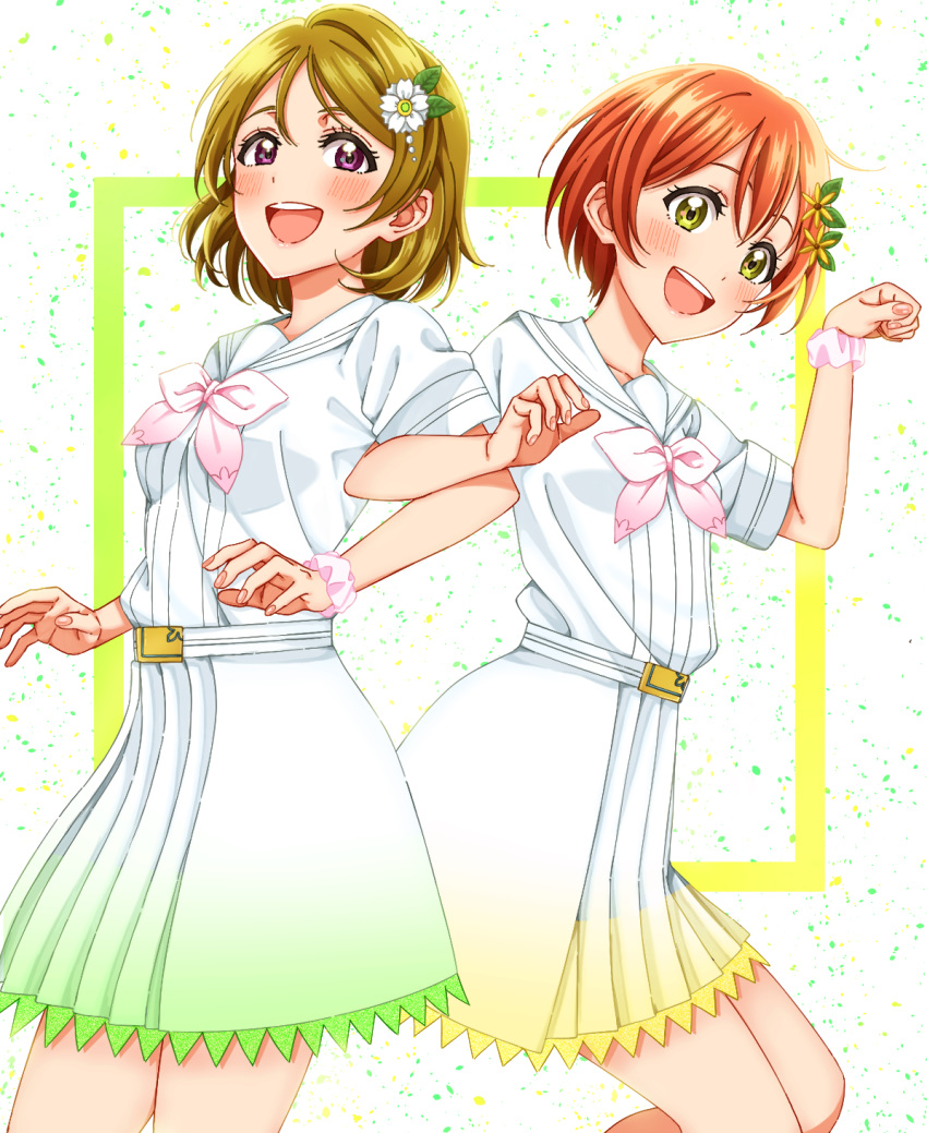2girls, a_song_for_you!_you?_you!, blush, dress, flower, green_eyes, hair_flower, hair_ornament, highres, hoshizora_rin, koizumi_hanayo, light_brown_hair, looking_at_viewer, love_live!, love_live!_school_idol_project, multiple_girls, ojyomu, open_mouth, orange_hair, pink_neckwear, pink_scrunchie, sailor_dress, scrunchie, smile, violet_eyes, white_dress, wrist_scrunchie