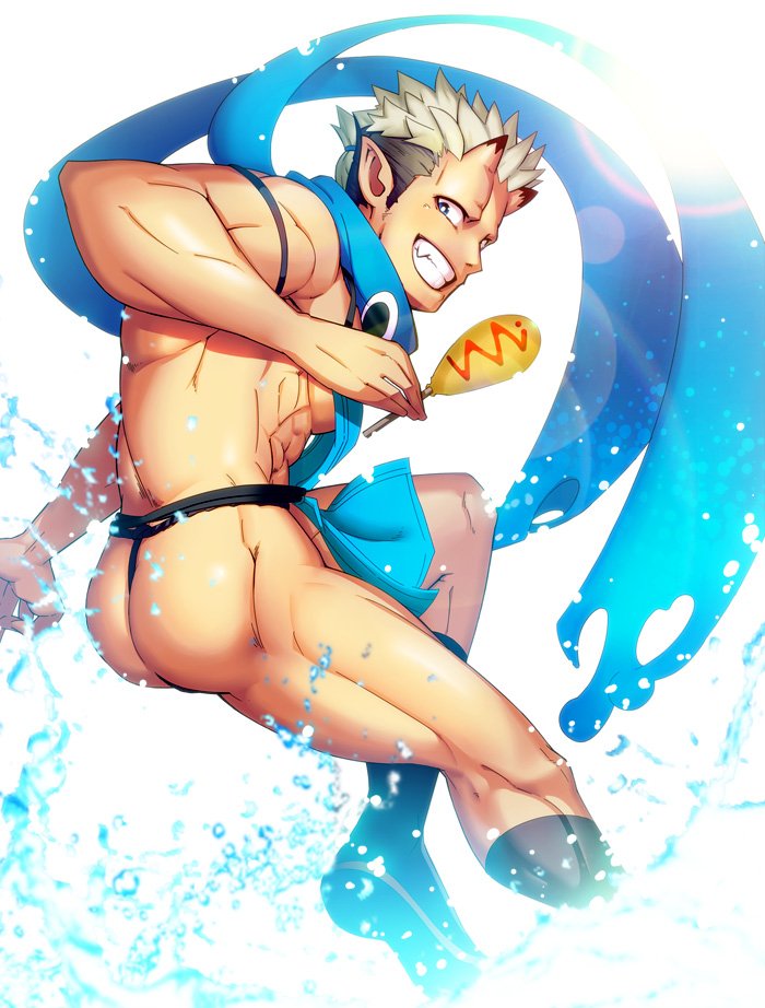 1boy, abs, ass, bara, black_hair, blonde_hair, blue_scarf, bulge