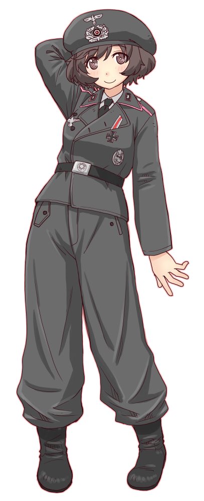 1girl, akiyama_yukari, alternate_costume, arm_behind_head, arm_up, award_ribbon, bangs, belt, black_belt, black_footwear, black_jacket, black_neckwear, black_pants, boots, brown_eyes, brown_hair, closed_mouth, commentary, dress_shirt, epaulettes, eyebrows_visible_through_hair, full_body, girls_und_panzer, hat, insignia, iron_cross, jacket, long_sleeves, looking_at_viewer, messy_hair, military, military_hat, military_uniform, necktie, pants, peaked_cap, shirt, short_hair, smile, solo, standing, uniform, uona_telepin, white_shirt, wing_collar