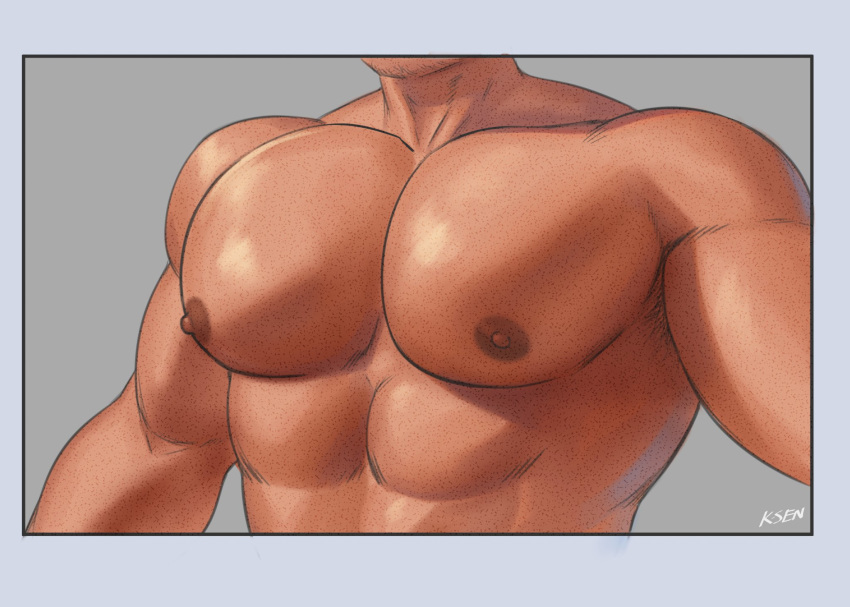 1boy, abs, bara, border, chest, close-up, cropped_torso, grey_background