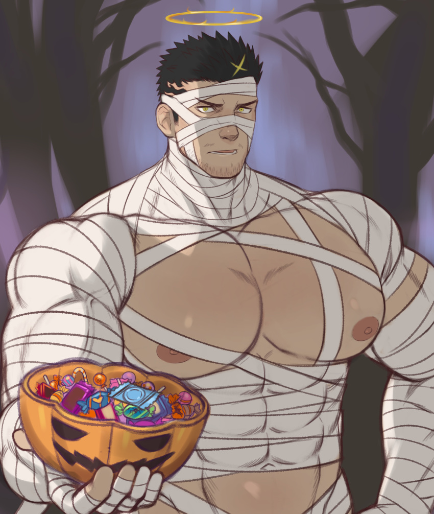 1boy, absurdres, bandages, bara, black_hair, chest, covered_abs, covered_navel