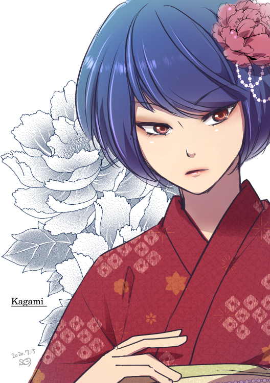 1girl, blue_hair, bob_cut, character_name, dated, eyebrows_visible_through_hair, facing_viewer, floral_background