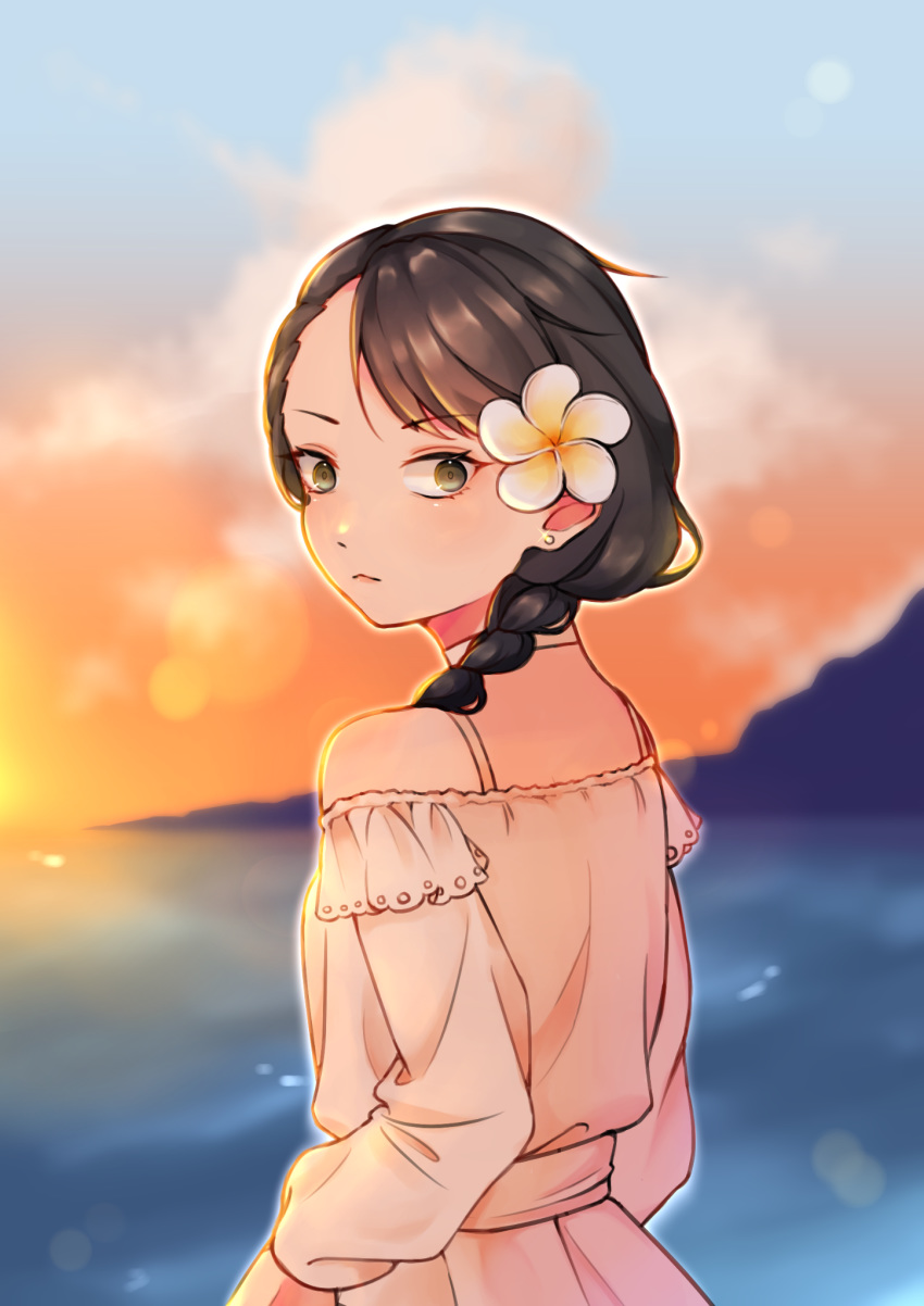 1girl, black_hair, braid, butterfly_soup, clouds, dress, ear_piercing, flower, from_behind, hair_flower, hair_ornament, highres, long_sleeves, looking_at_viewer, looking_back, mole, mole_under_eye, noelle_(butterfly_soup), ocean, outdoors, piercing, plumeria, sky, solo, strawberiisoda, sunset, white_dress
