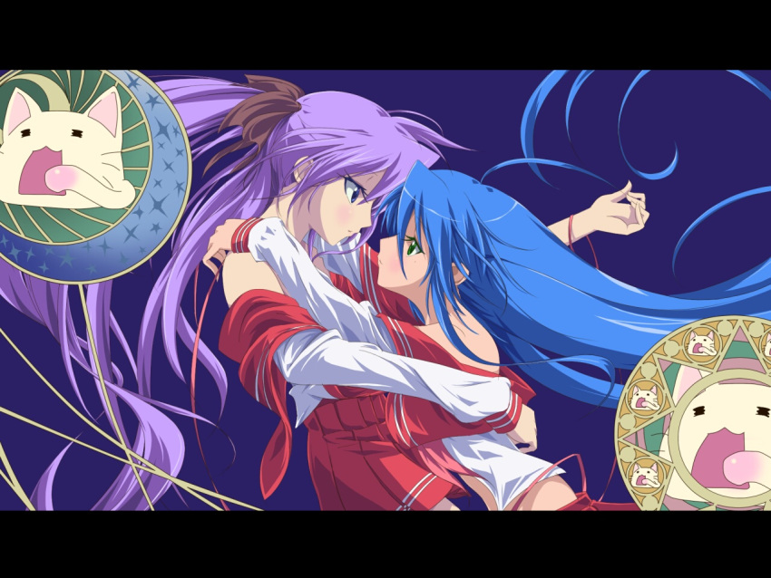 blue_eyes, blue_hair, eye_contact, eyelashes, green_eyes, hair_ornament, hair_ribbon, hiiragi_kagami