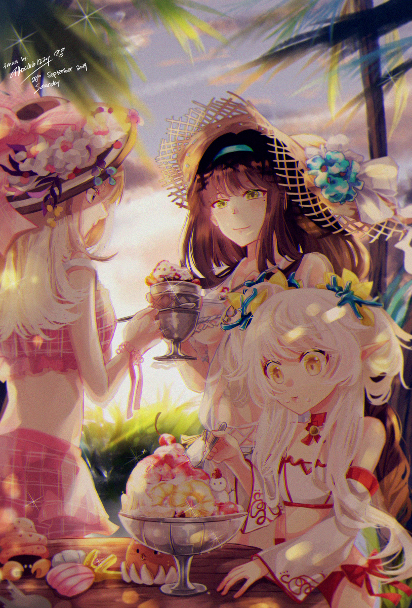 3girls, altoclub, bikini, brown_hair, bubble_tea_(food_fantasy), commentary_request, detached_sleeves, food