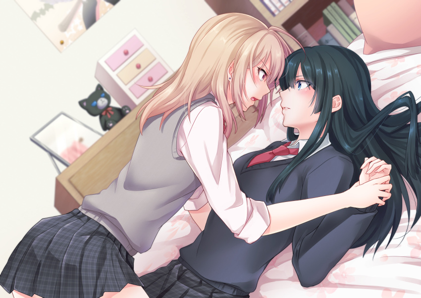 2girls, aoinu_(shuumatsugeki), bed_sheet, bedroom, black_hair, black_sweater, blonde_hair, blue_eyes