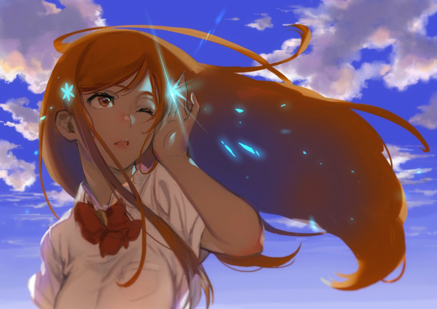 1girl, bleach, blue_sky, bow, bowtie, clouds, collared_shirt, day