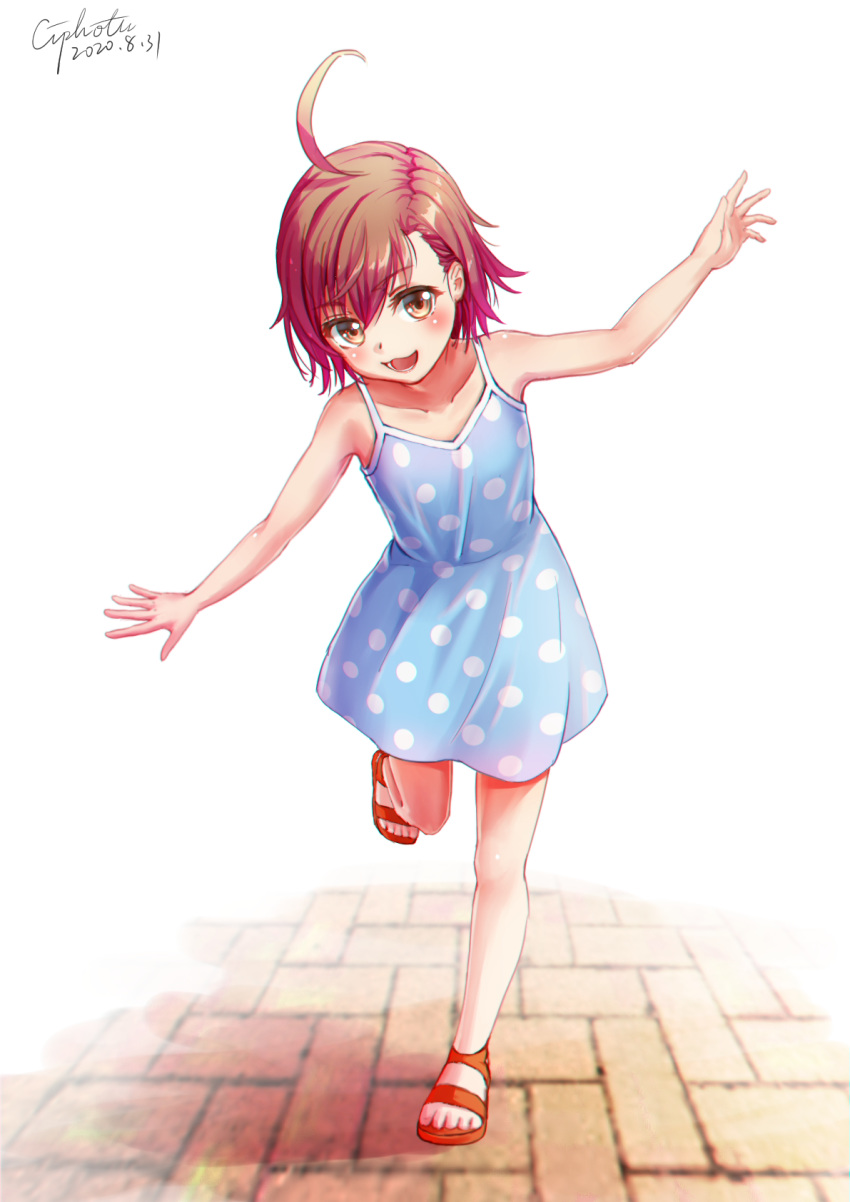 1girl, 2020, :d, ahoge, bangs, blue_dress, brown_eyes, brown_hair