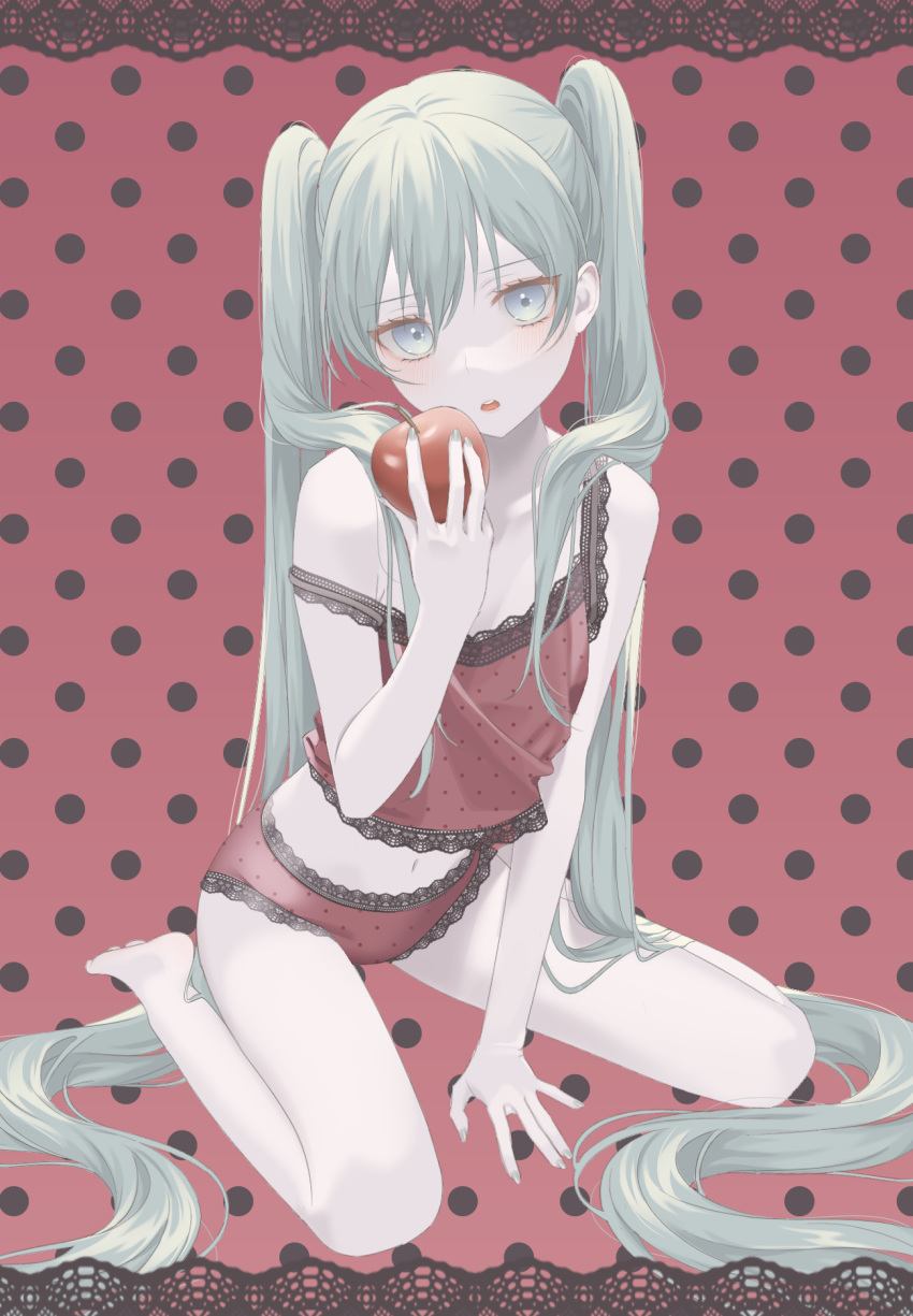 1girl, azuki_(ckxs7444), bangs, barefoot, between_legs, blue_eyes, collarbone, food