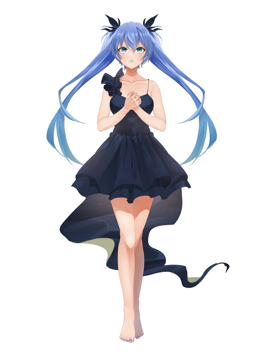 1girl, absurdres, bangs, barefoot, black_bow, black_dress, blue_hair, blue_nails, bossan_3310, bow, collarbone, dress, floating_hair, full_body, green_eyes, hair_between_eyes, hair_bow, hands_together, hatsune_miku, highres, layered_dress, long_hair, looking_up, shiny, shiny_hair, short_dress, sleeveless, sleeveless_dress, solo, standing, toenail_polish, transparent_background, twintails, very_long_hair, vocaloid