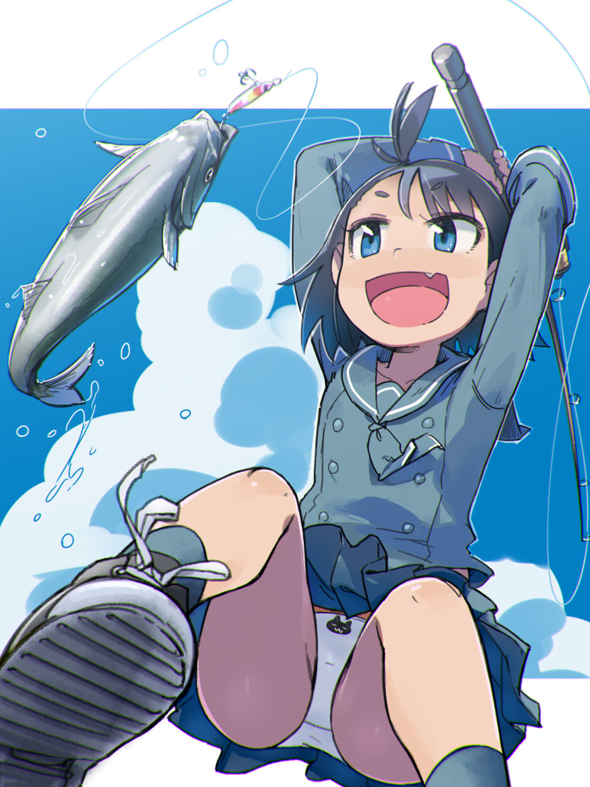 1girl, animal_print, black_hair, black_legwear, blue_eyes, blue_sky, cat_panties, cat_print