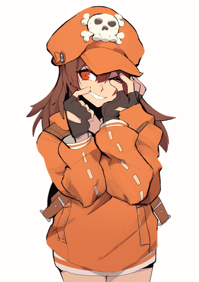 1girl, bangs, bike_shorts, black_border, black_gloves, blush, border, breasts, brown_eyes, brown_hair, cabbie_hat, dated, eri_(erikiri), fingerless_gloves, gloves, guilty_gear, guilty_gear_strive, hair_between_eyes, hat, highres, hood, hood_down, long_hair, looking_at_viewer, may_(guilty_gear), open_mouth, orange_hoodie, signature, skull_and_crossbones, smile, solo