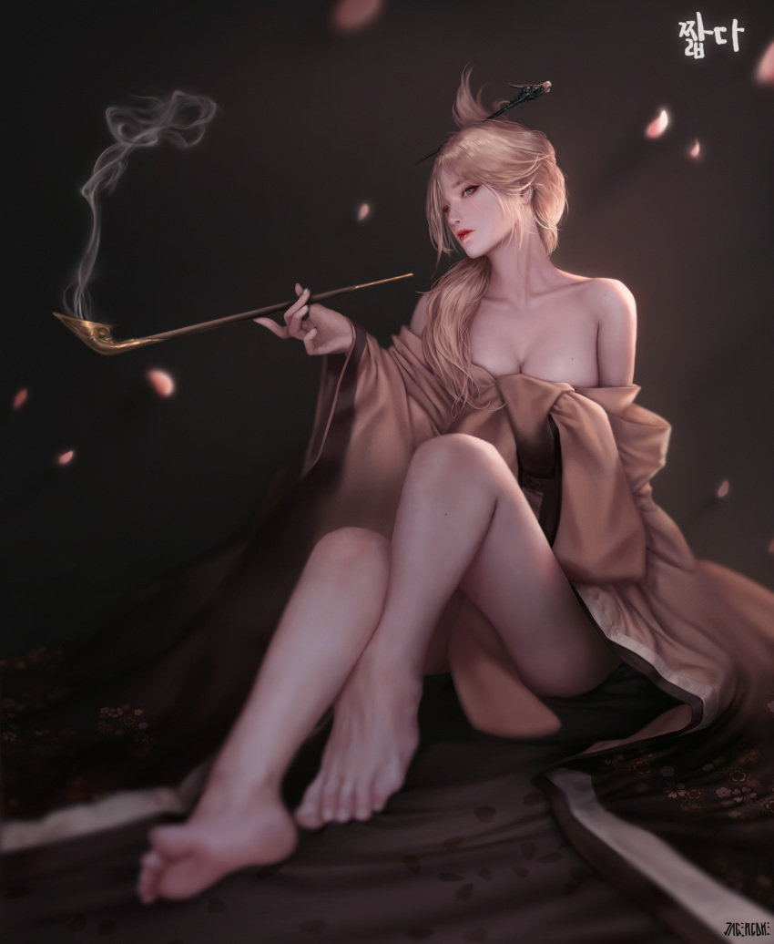 1girl, absurdres, ass, barefoot, blonde_hair, breasts, commission, feet