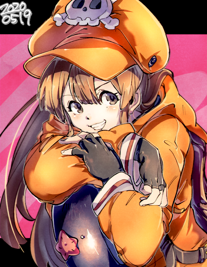 1girl, bangs, black_border, black_gloves, blush, border, breasts, brown_eyes