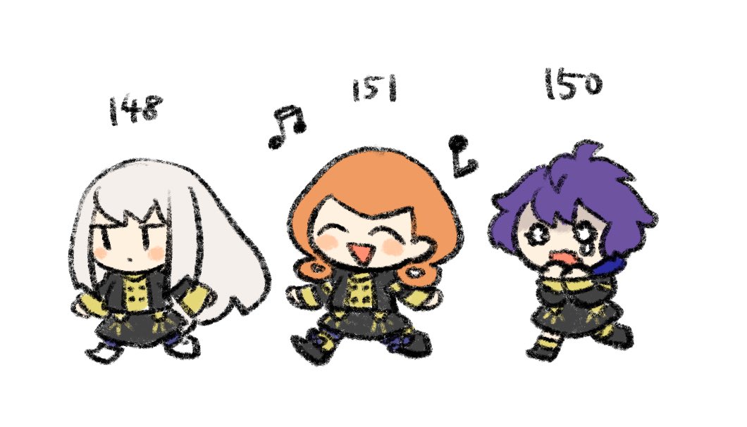 3girls, annette_fantine_dominic, beamed_eighth_notes, bernadetta_von_varley, blush_stickers, chibi, closed_eyes, commentary_request