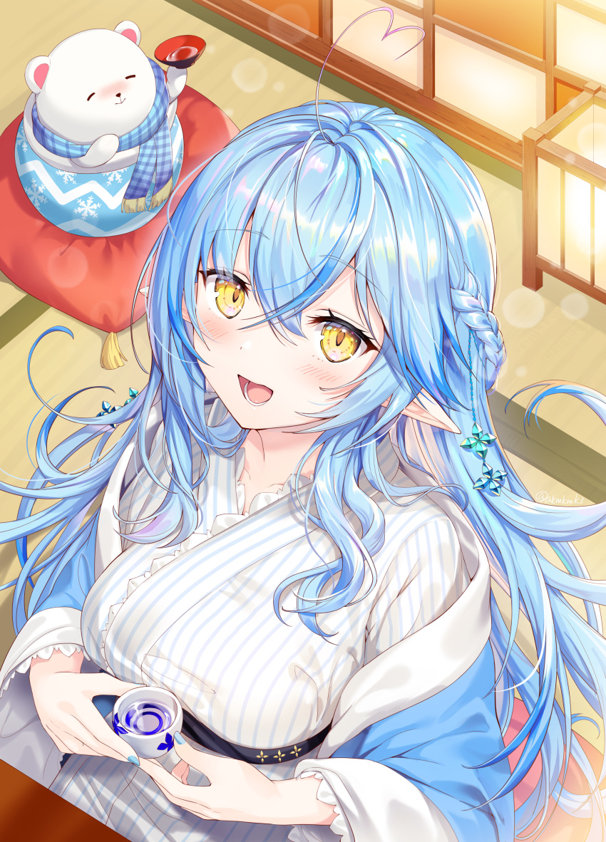 1girl, :d, absurdres, antenna_hair, bangs, bear, blue_hair, blue_neckwear