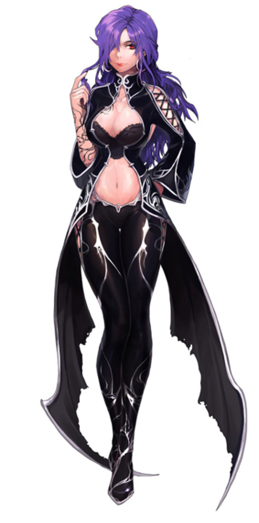 1girl, black_outfit, breasts, cleavage, inotia_4:_assassin_of_berkel, large_breasts, long_hair, looking_at_viewer