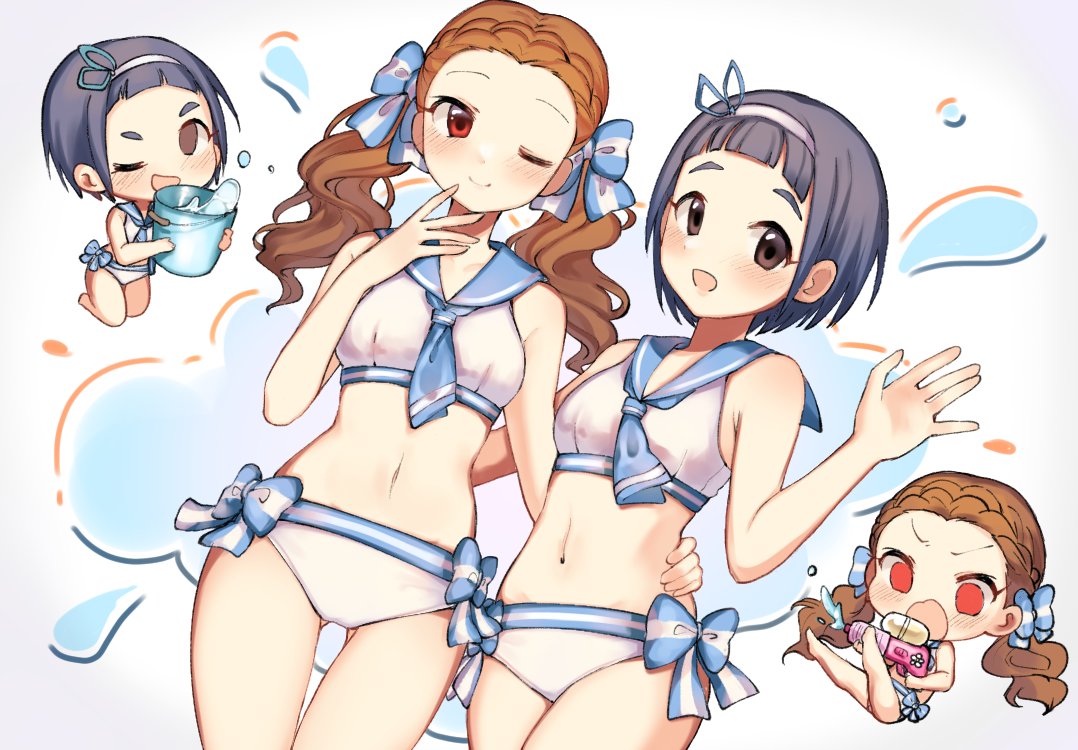 2girls, bikini, black_hair, blue_bow, bow, bow_panties, brown_hair, bucket