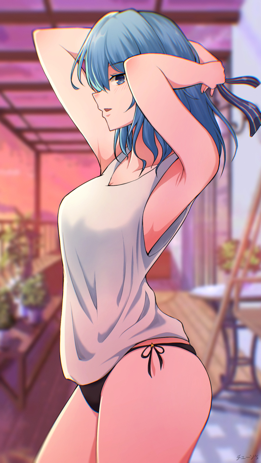 1girl, absurdres, armpits, artist_name, bangs, bikini, black_bikini, blue_eyes, blue_hair, blue_ribbon, breasts, chain's, evening, eyebrows_visible_through_hair, from_side, hair_between_eyes, hair_ribbon, highres, hololive, hoshimachi_suisei, long_hair, looking_at_viewer, medium_breasts, older, outdoors, parted_lips, patio, ribbon, side-tie_bikini, solo, swimsuit, tank_top, tying_hair, virtual_youtuber, white_tank_top
