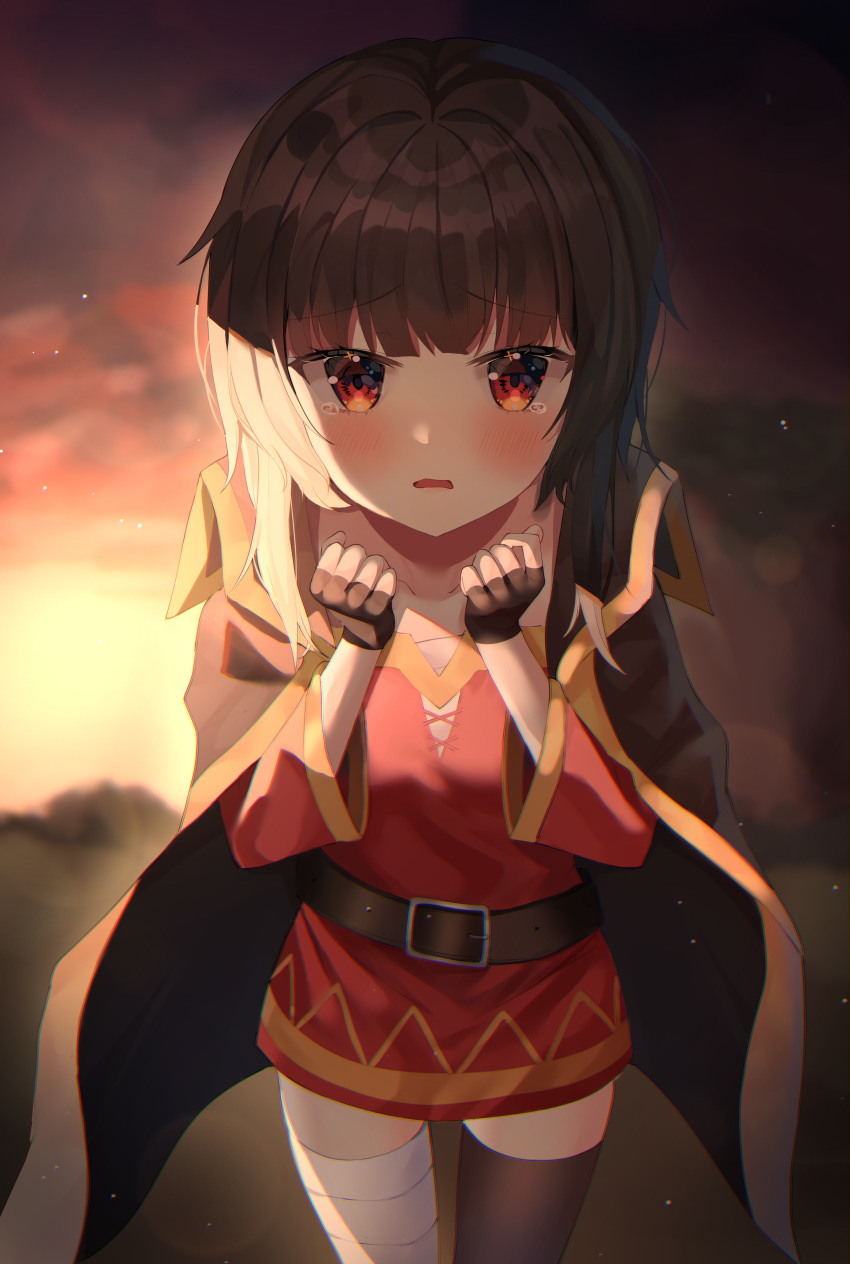 1girl, absurdres, bandaged_leg, bandages, bangs, belt, black_cape, black_gloves