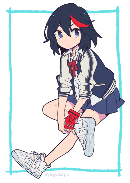 1girl, blue_skirt, brand_name_imitation, full_body, gloves, jacket, kill_la_kill, looking_to_the_side