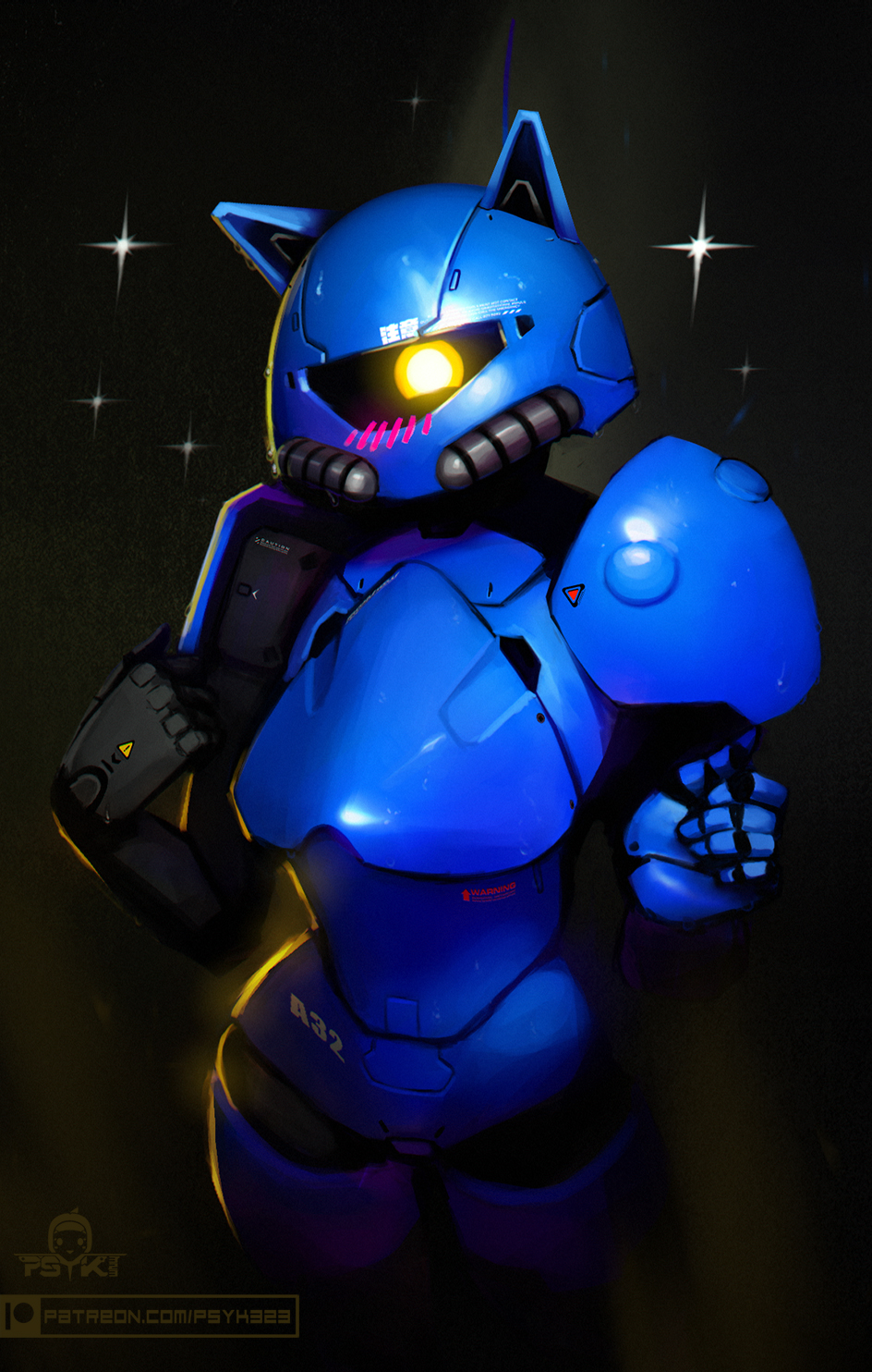 1girl, android, animal_ears, antenna_mast, armor, blue_skin, cat_ears, commentary, english_commentary, gundam, highres, humanization, joints, kemonomimi_mode, looking_at_viewer, metal_skin, one-eyed, psyk323, robot_joints, shoulder_armor, single_pauldron, solo, sparkle, yellow_eyes, zaku