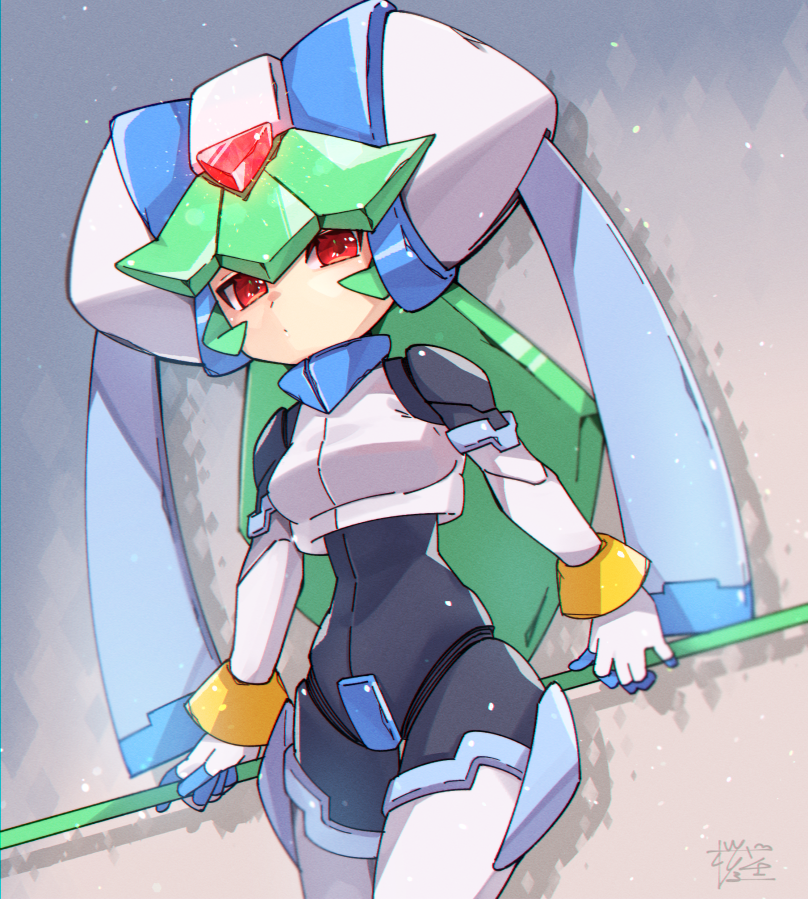 1girl, android, bodysuit, breasts, capcom, cowboy_shot, green_hair, grey_background, hair_between_eyes, helmet, holding, long_hair, medium_breasts, pandora_(rockman), red_eyes, rockman, rockman_zx, sakuraba_(kirsche_x), simple_background, solo, staff, weapon