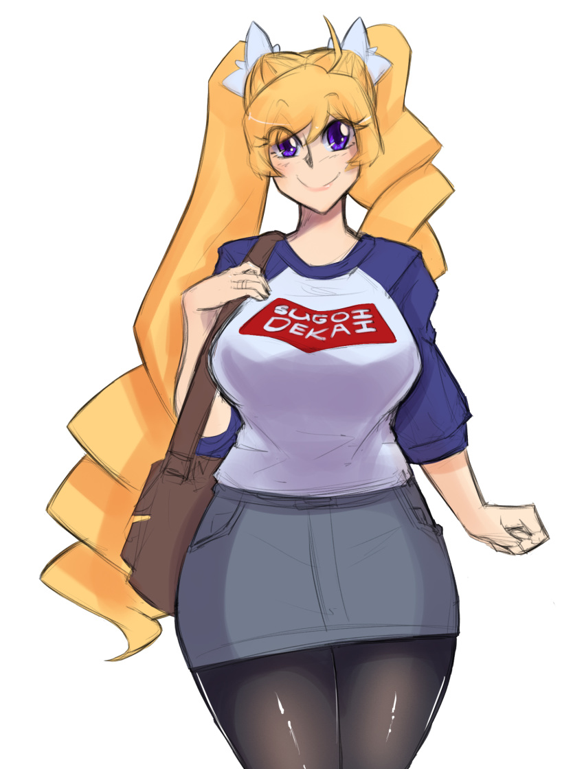 1girl, bag, blonde_hair, blue_eyes, breasts, cosmikaizer, cosplay, denim