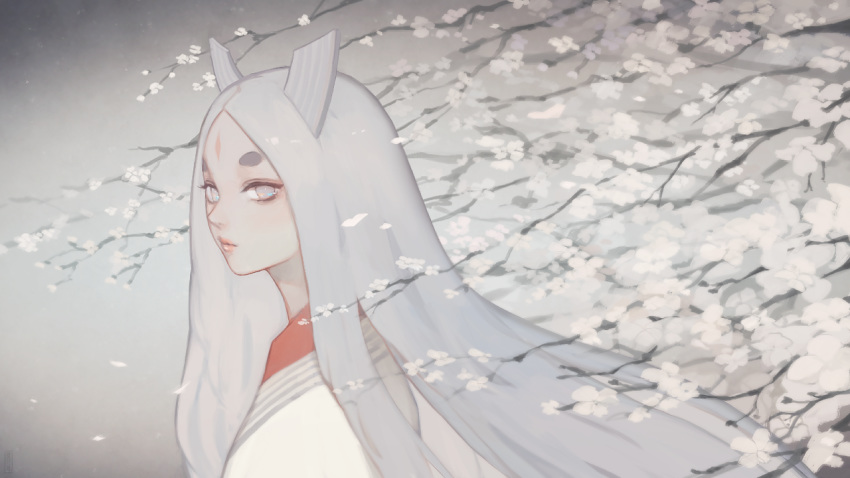1girl, cherry_blossoms, expressionless, gradient, gradient_background, horns, japanese_clothes, long_hair