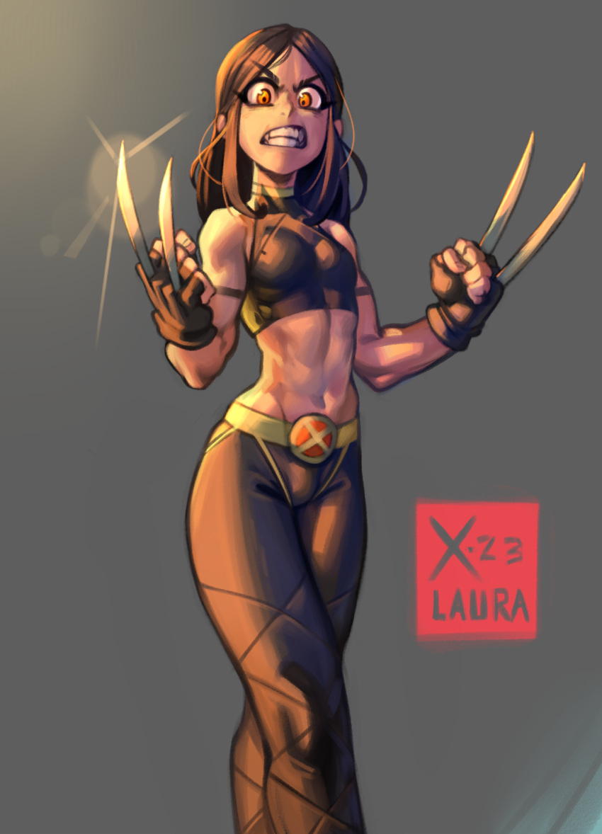 1girl, angry, bare_shoulders, black_hair, breasts, character_name, claws, clenched_teeth, grey_background, highres, kelvin_hiu, laura_kinney, long_hair, marvel, midriff, navel, red_eyes, sharp_teeth, simple_background, solo, teeth, thighs, x-23, x-men