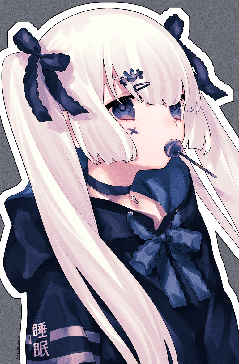 1girl, blue_eyes, blue_ribbon, bunny_hair_ornament, candy, choker, cross, facial_mark, food, grey_background, hair_ornament, hair_ribbon, hood, hoodie, lollipop, long_hair, original, outline, ribbon, signature, tsubaki_tsubaru, twintail_girl_(tsubaki_tsubara), twintails, white_hair, white_outline