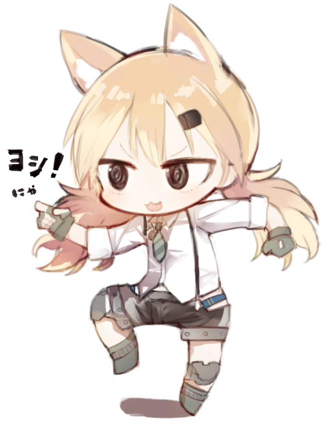 :3, :d, animal_ear_fluff, animal_ears, asymmetrical_shorts, bangs, black_eyes, black_shorts
