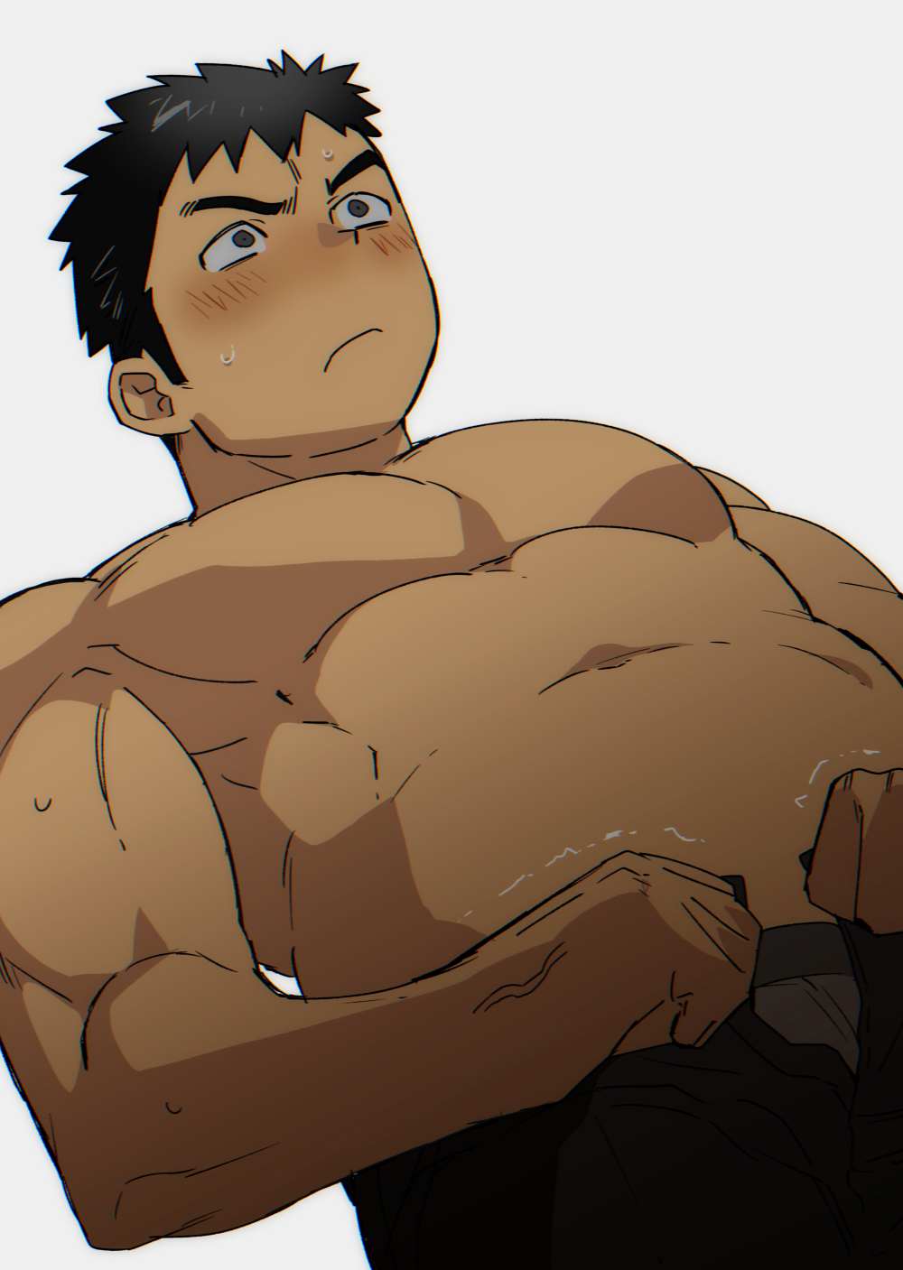 1boy, bara, black_eyes, black_hair, blush, chest, highres, male_focus