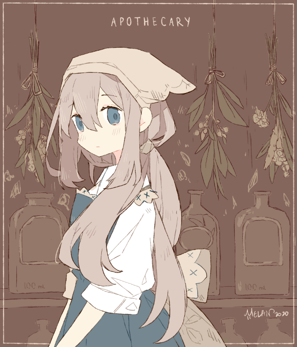 1girl, :|, bangs, blue_eyes, bottle, brown_background, closed_mouth, dated