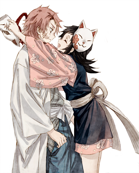 1boy, 1girl, bangs, black_hair, closed_mouth, facial_scar, floral_print, fox_mask