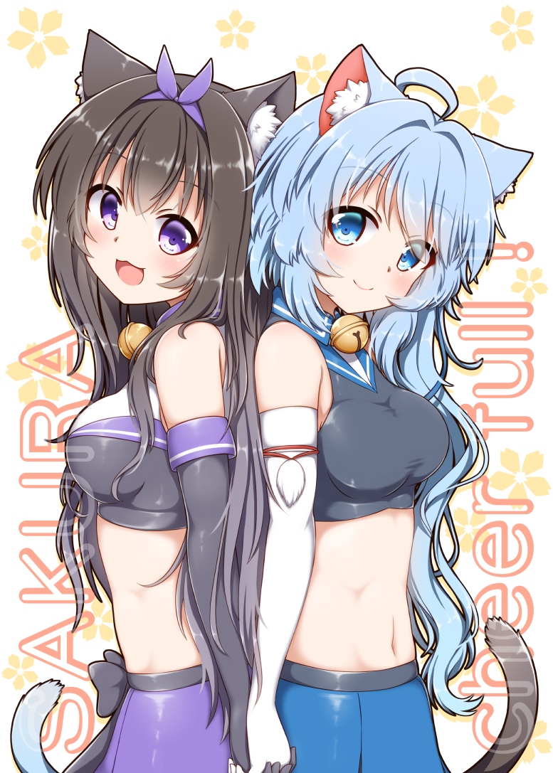 2girls, :3, :d, ahoge, animal_ear_fluff, animal_ears, arashio_(azur_lane), asashio_(azur_lane), azur_lane, back-to-back, bangs, bare_shoulders, bell, black_gloves, black_hair, black_shirt, blue_eyes, blue_hair, blue_skirt, blush, bow, breasts, cat_ears, cat_tail, cheerleader, commentary_request, cover, cover_page, cowboy_shot, crop_top, doujin_cover, elbow_gloves, eyebrows_visible_through_hair, gloves, hair_between_eyes, hair_bow, hair_intakes, head_tilt, hestia_(neko_itachi), holding_hands, large_breasts, long_hair, looking_at_viewer, medium_breasts, midriff, multiple_girls, navel, neck_bell, open_mouth, purple_bow, purple_skirt, shirt, sidelocks, skirt, sleeveless, sleeveless_shirt, smile, standing, tail, taut_clothes, taut_shirt, violet_eyes, white_background, white_gloves