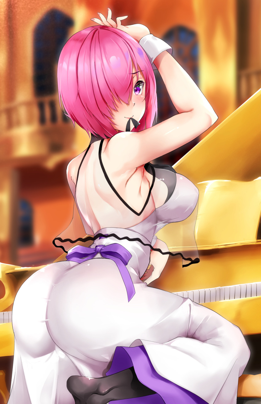 1girl, arm_up, ass, back, bangs, bare_shoulders, black_legwear, blush